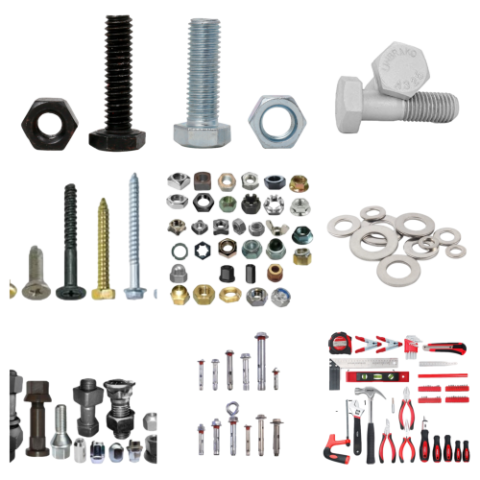 Pernos, tornillos, tuercas, arandelas y herramientas industriales de diferentes tipos y materiales